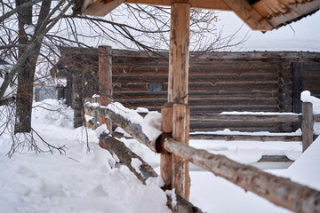 rustic winter landscapes, wooden houses and fences