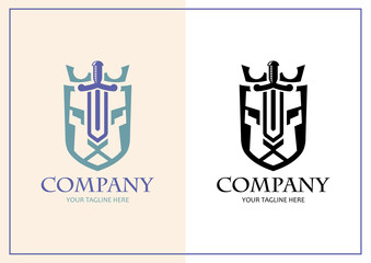 Lion sword shield logo vector illustration