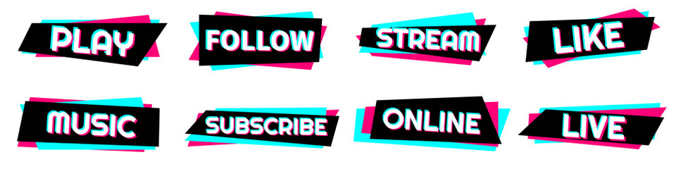 Set of stickers for a popular social network. Black - blue  - pink sticker on white background. Modern advertising social media design.
