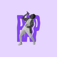 Fototapeta na wymiar Collage. Stylish african man singing, giving rap concert isolated over light purple background