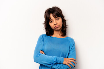 Fototapeta premium Young hispanic woman isolated on white background who is bored, fatigued and need a relax day.