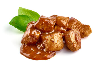 Meat stew, goulash with sauce, isolated on white background.