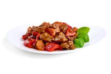 Hungarian goulash, beef, pork stew with potatoes, isolated on white background.