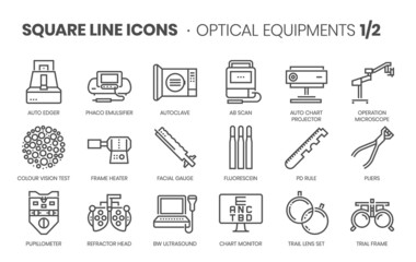 Optical Equipments 2 related, pixel perfect, editable stroke, up scalable square line vector icon set. 