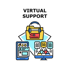 Virtual Support Vector Icon Concept. Virtual Support For Help Customer And Advicing, Call Center Worker Supporting Client On Line And Help For Solve Problem On Video Calling Color Illustration