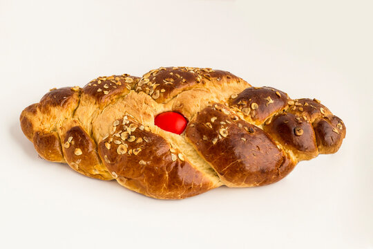 Traditional Turkish,Istanbul Fragrant Easter Bread,Paskalya Coregi with red colored Easter Egg in.