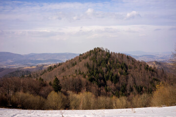 Fototapeta na wymiar View near Koziarz mountain 943 m above sea level in Carpathian Mountains in Poland 