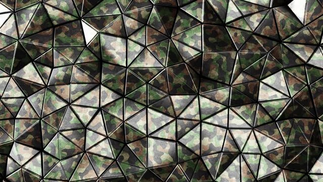 Realistic looping abstract 3D animation of the moving grimy camouflage khaki metallic triangles pattern rendered in UHD as motion background