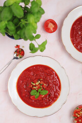 Plates with traditional gazpacho tomato soup	