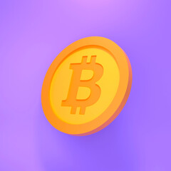 Bitcoin coin on a purple background. Cashback, money saving, financial transactions concept. 3d render illustration.