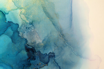 Art Abstract watercolor and alcohol ink marble flow blot painting. Blue and gold Color canvas...