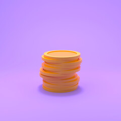 Stack of 3d coins on a purple background. Cashback, money saving, financial transactions concept. 3d render illustration.