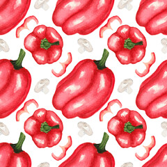 Watercolor seamless vegetable pattern, red bell pepper and mushrooms on a white background.
