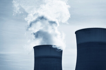 The cooling towers in a power plant