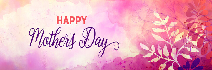 Obraz na płótnie Canvas Happy Mother's day background in soft floral watercolor design, Mothers day spring colors of purple pink and yellow with leaves, mom's day card