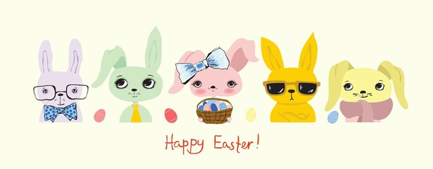 Happy Easter banner. Trendy Easter design with typography, hand painted strokes and dots, eggs and bunny in pastel colors. Modern minimal style.