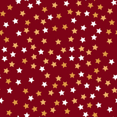 Seamless pattern with gold and white stars on a red background