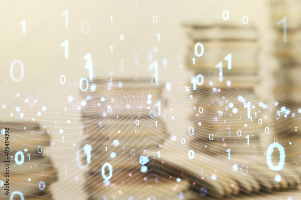 Poster abstract virtual binary code hologram on coins background, ai and machine learning concept. multiexp