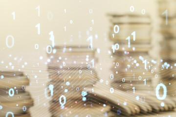 Abstract virtual binary code hologram on coins background, AI and machine learning concept. Multiexposure