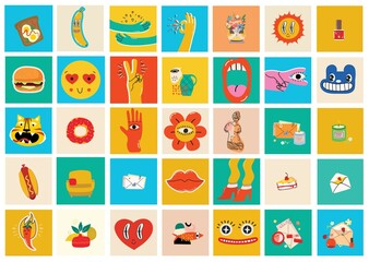 Big Set of Different colored Vector illustartions for posters in Cartoon Flat design. Hand drawn Abstract shapes, faces, different texture, greek elements, funny Comic characters.