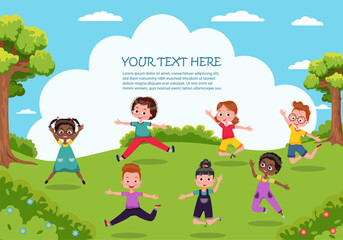 Children's activities. Happy funny children play and jump in the park. Template for advertising brochure.	