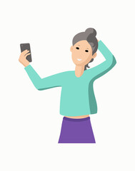 Young woman takes a selfie with the phone. Taking pictures of yourself. A blogger girl is shooting. Blogging. Vector illustration on isolated background.