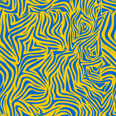 Blue wavy stripes on a yellow background. Seamless modern zebra pattern for trendy textured fabrics, paper products. 