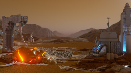 Futurstic Mars environment - 3D illustration of science fiction scene with fractured glowing head in the sand near space station