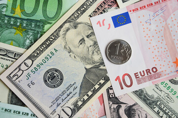 Moscow, Russia, 03.27.2022, banknotes, Russian ruble, American dollar, European currency, euro, various money.