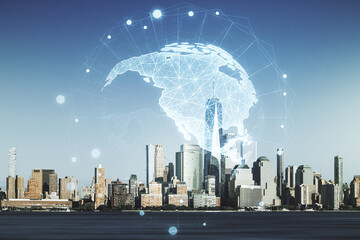 Fototapeta na wymiar Double exposure of graphic America map hologram on Manhattan office buildings background, big data and digital technology concept