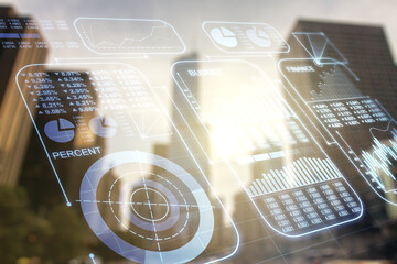 Abstract virtual analytics data spreadsheet on modern architecture background, analytics and analysis concept. Multiexposure