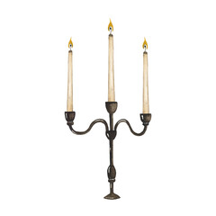 Watercolor candle holder isolated on white background. Home light decor candelabrum illustration