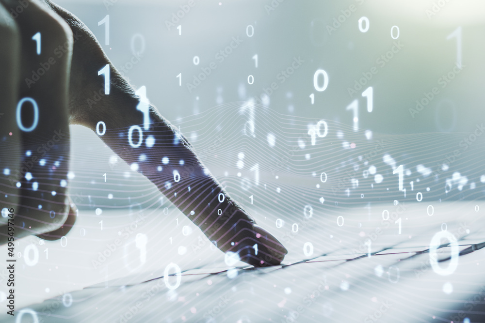 Poster creative concept of binary code illustration and hands typing on laptop on background. big data and 