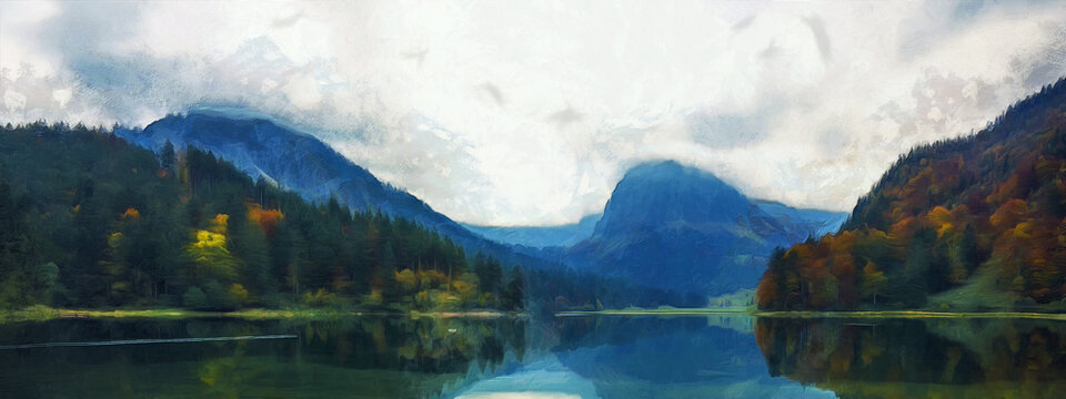 Panoramic view of the mountains, river in the middle of the forest, art work on the theme of nature