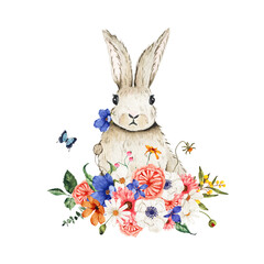 Watercolor Easter composition little bunny decorated with flowers bouquets isolated on white background. Spring Easter holiday illustration