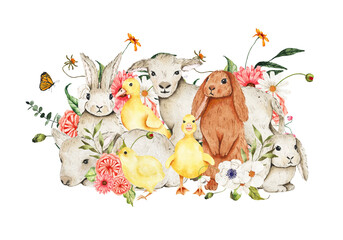 Watercolor Easter composition lamb, bunny, ducklings, chicken decorated with flowers bouquets isolated on white background. Spring Easter holiday illustration
