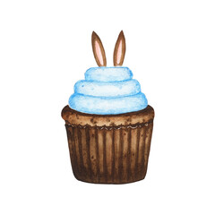 Watercolor Easter cupcake decorated with bunny ears isolated on white background. Spring Easter holiday sweet food muffin illustration