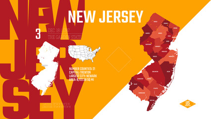 3 of 50 states of the United States, divided into counties with territory nicknames, Detailed vector New Jersey Map with name and date admitted to the Union, travel poster and postcard
