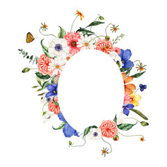 Watercolor summer floral frame with wildflowers isolated. Floral spring geometric frame blossom illustration wedding invitation save the date card