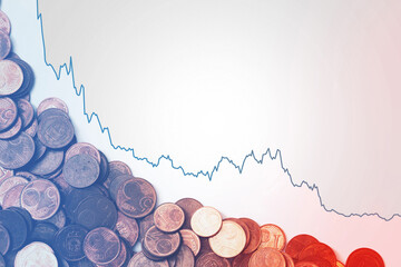 Background with  falling sparkline chart and euro coins
