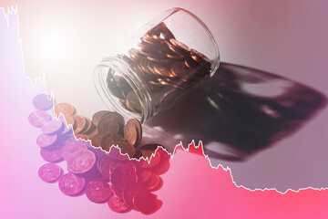 Background with falling sparkline chart and jar with euro coins