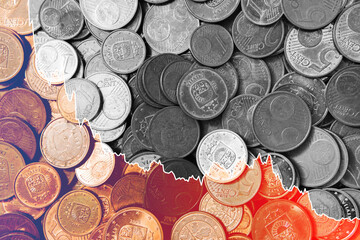 Background with  falling sparkline chart and euro coins