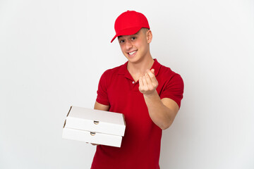 Pizza delivery man with work uniform picking up pizza boxes isolated on white background making...