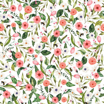 Watercolor seamless pattern with wild flowers pink and white on light background. Floral fabric textile packaging design illustration
