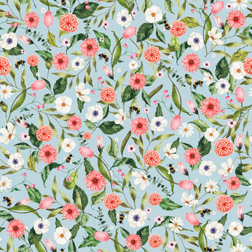 Watercolor seamless pattern with wild flowers pink and white on colorful background. Floral fabric textile packaging design illustration