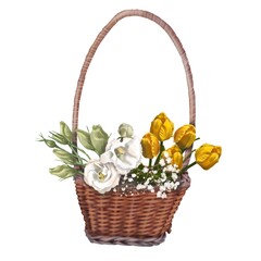 Watercolor spring illustration. Bright flowers in a basket. Realistic illustration