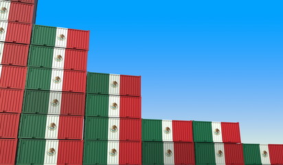 Fototapeta premium Flag of Mexico on containers forming declining trend of graph. National crisis or meltdown related conceptual 3D rendering