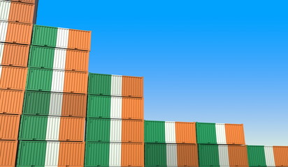 Containers with flag of Ireland represent declining trend. Economic or export crisis concept. 3D rendering