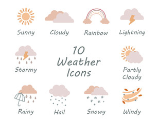 Vector weather icons collection in boho style. Hand drawn cute weather elements. Meteorology symbols on white background © Viktoriia