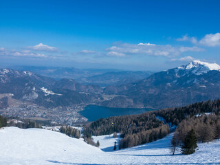 Panorama view of the mountains ski area and Wolfgangsee lake. View from the viewing platform on the Zwölferhorn mountain in St. Gilgen, Salzkammergut Upper Austria